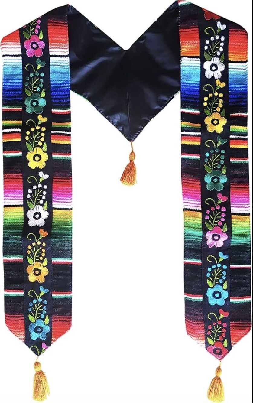 4041 Mexican Serape Stole for Graduation, Embroidered Flowers, Latin